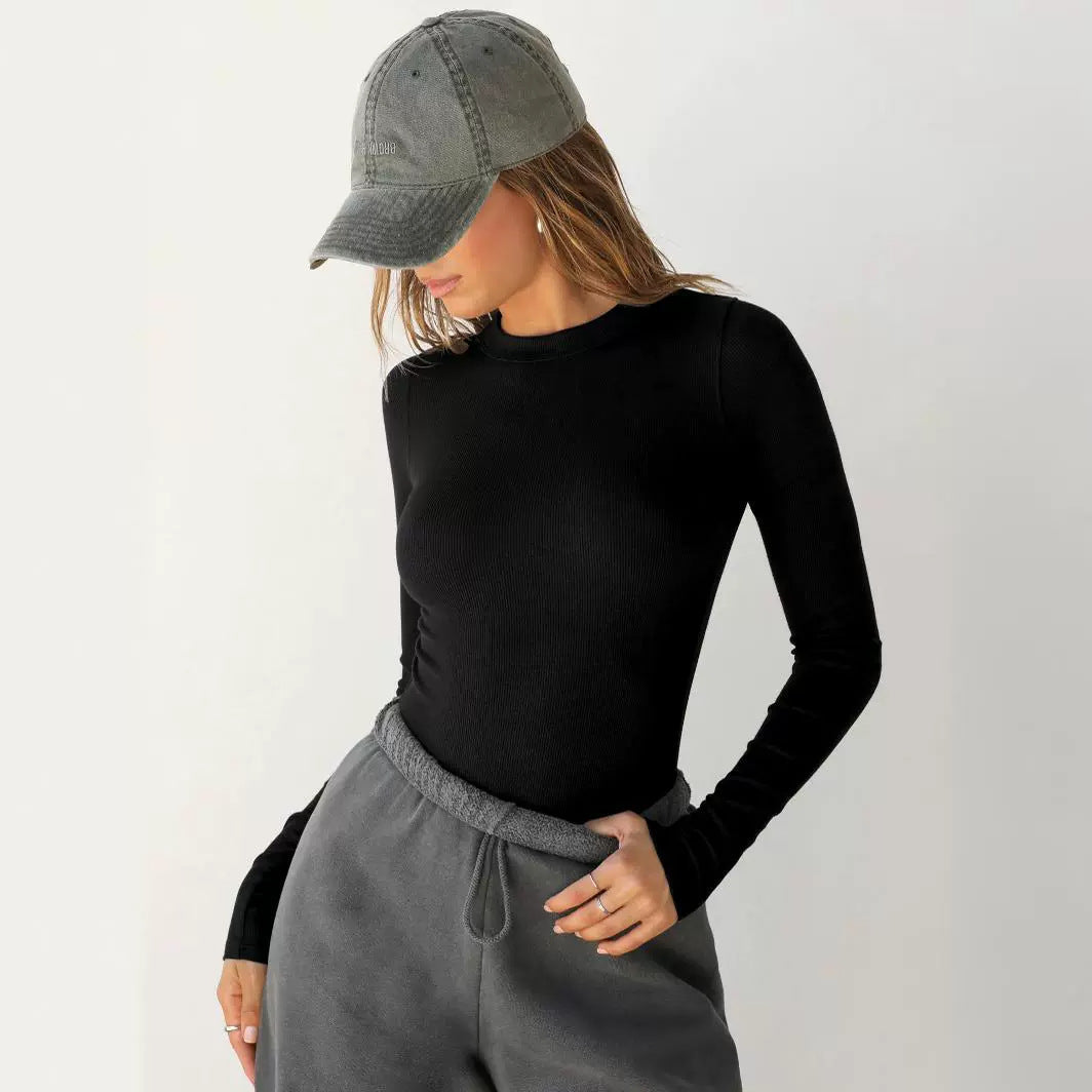 Kleider Faden Doppellagig Rundhals Langarm T-Shirt Damen Outer Wear Slim Fit Schulter Sexy Top Sexy