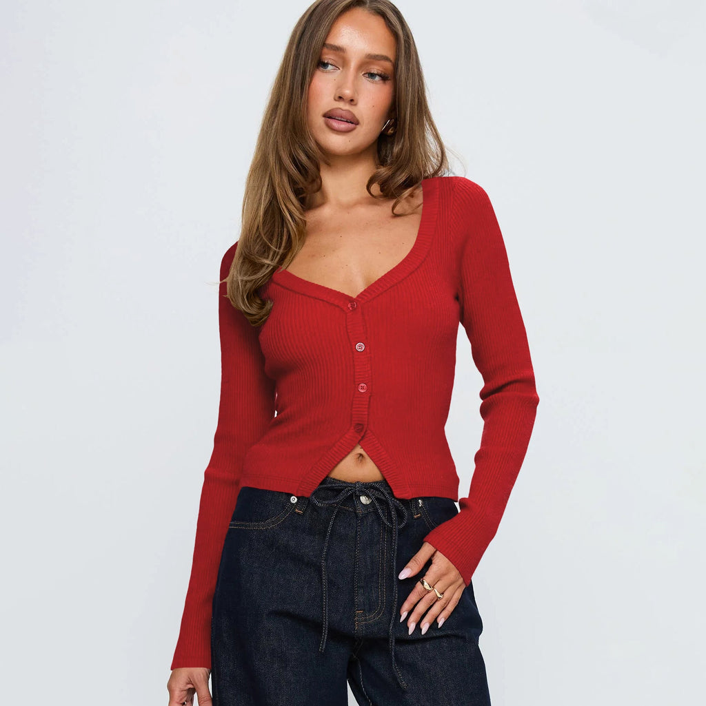 Damen Herbst Winter V-Ausschnitt Langarm Rippstrick Knopf Cardigan Schmale Passform