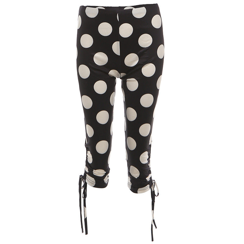 Spring Women Clothing Sexy Irregular Asymmetric Polka Dot Print Tight Casual Cropped Pants
