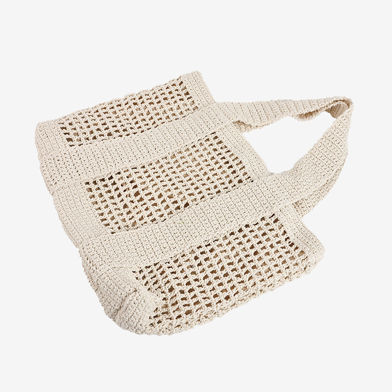 Lässige Korbtasche mit großem Fassungsvermögen aus Baumwollfaden, ausgehöhlte Strandtasche für den Urlaub am Meer, Netz-Umhängetasche