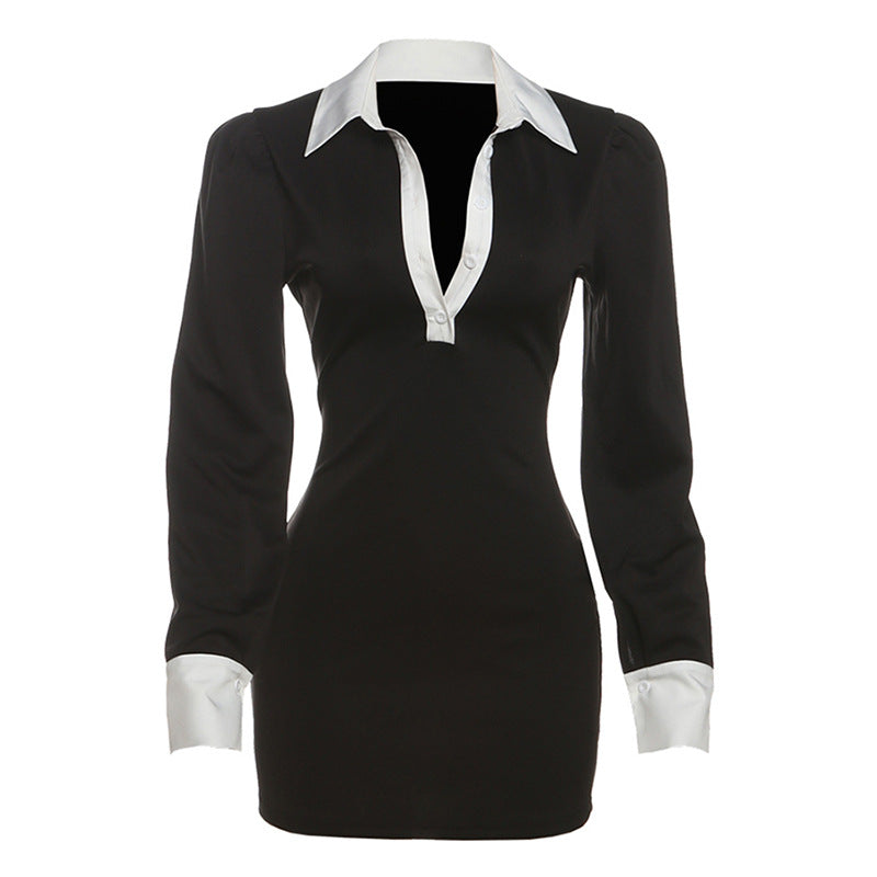 Damenbekleidung Herbst Elegantes Etuikleid mit Revers, Knöpfen und Kontrastfarben in schmaler Passform