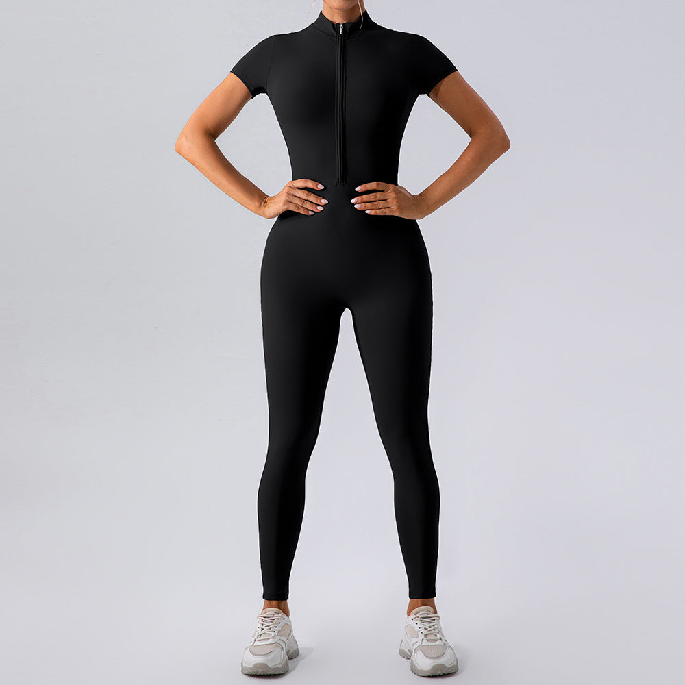 Reißverschluss Kurzarm Nude Feel Yoga Jumpsuit Damen Outer Wear Workout Übungs Leggings Einteiler Strumpfhose