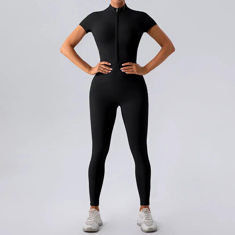 Zipper Short Sleeve Nude Feel Yoga Jumpsuit Women Outer Wear Workout Exercise Pants One Piece Tights by Wanita Store