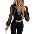 Herbst Damenbekleidung, einfarbig, V-Ausschnitt, Langarm, Strass, hohe Taille, professioneller Freizeit-Jumpsuit