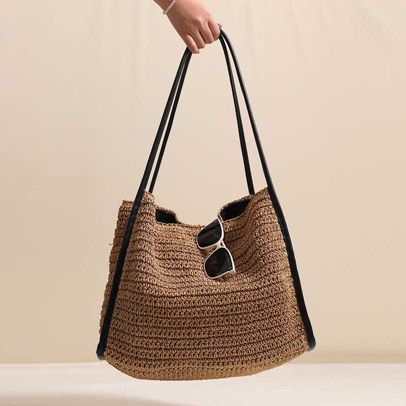 Französisch Große Kapazität Strohtasche Nische Einfarbige Strohtasche Gewebte Tasche Damen Urlaub Strandtasche Umhängetasche