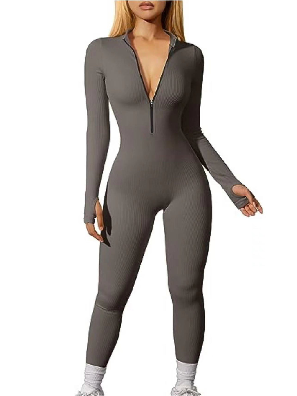 Damen Sport Jumpsuit Training Gerippt Langarm Reißverschluss Casual Jumpsuit Hose Eng