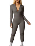 Damen Sport Jumpsuit Training Gerippt Langarm Reißverschluss Casual Jumpsuit Hose Eng