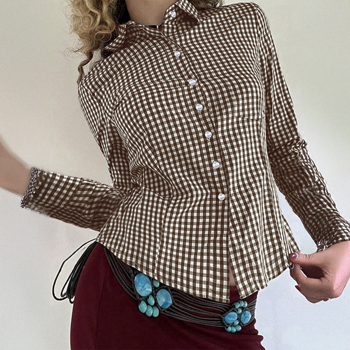 Women Clothing Autumn All Match Long Sleeved Button Top Shirt