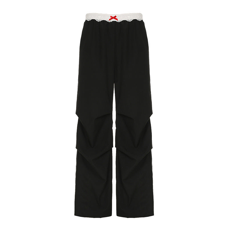 Street Stitching Lace Contrast Color Waist Head Women's Summer Wide Leg Mopping Woven Hose
