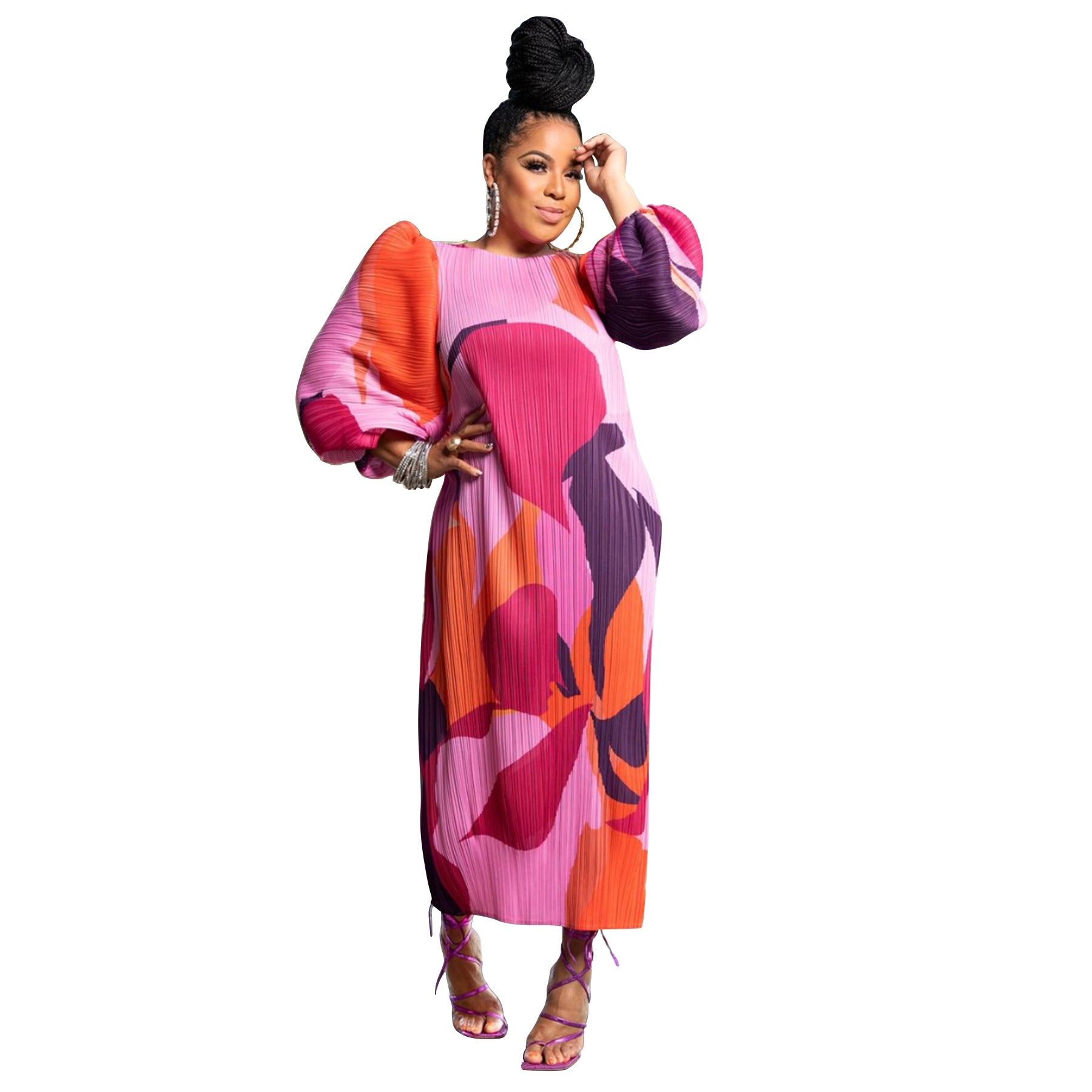 Women Wear Lantern Sleeve Pleated Dress