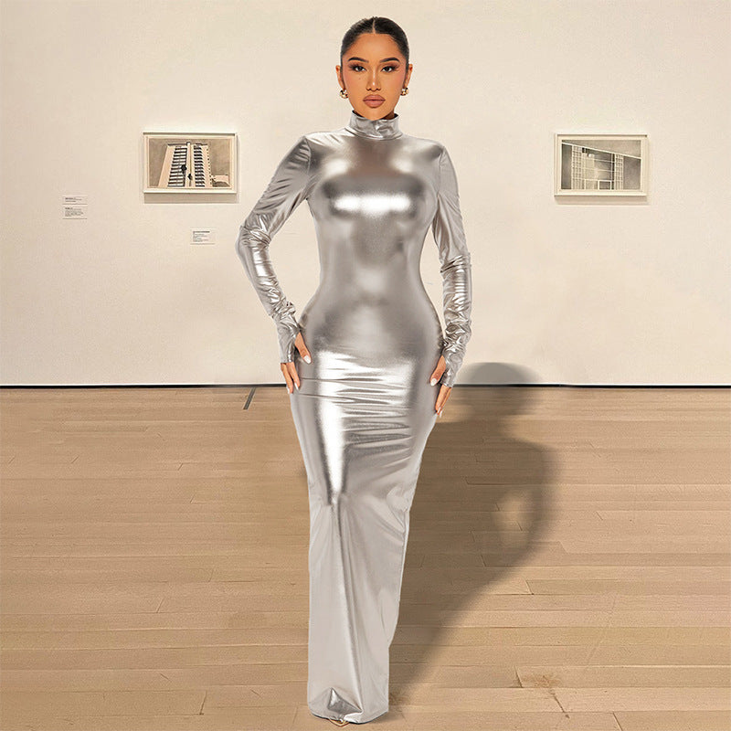 Herbst Winter Metallic Sexy Rückenfreies Eng Anliegendes Schlankes Kleid Damen Metallic Beschichtetes Stoffkleid