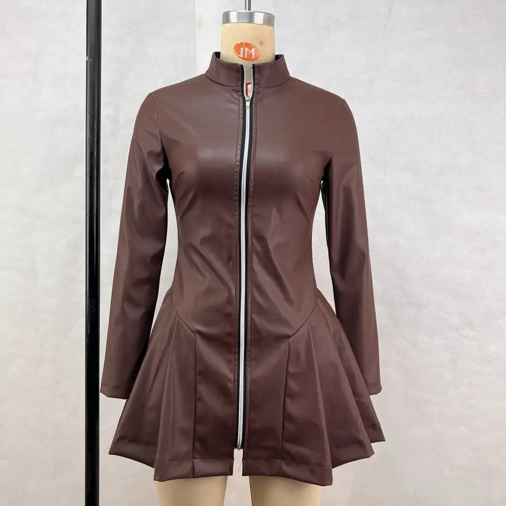 Women Fashionable Fitted Long Sleeve Pleated Faux Leather Zipper Dress by Wanita Store