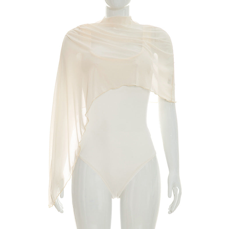 Women Clothing Summer Solid Color Sexy Sleeveless Asymmetric Shawl Mesh Slim Fit Two Piece Set Jumpsuit