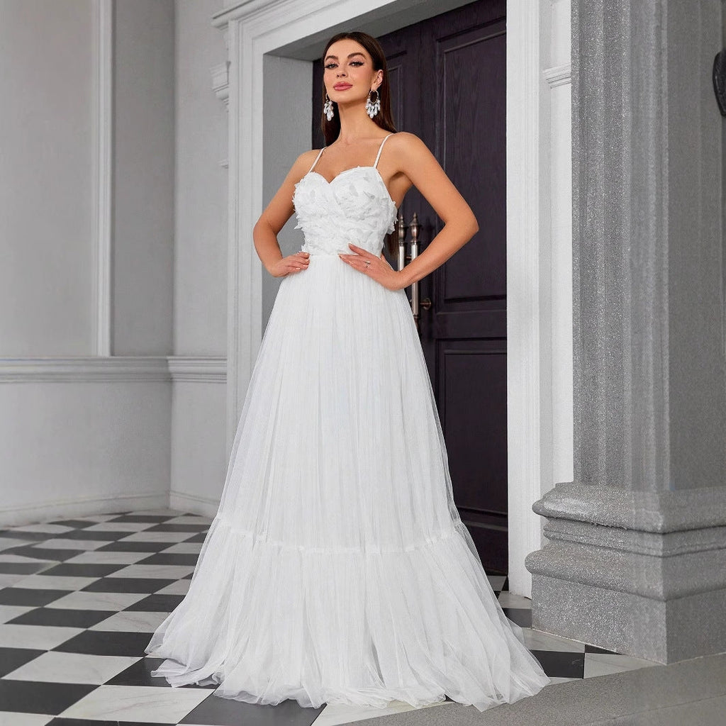 Einfaches weißes Hochzeitskleid Ballkleid Geburtstagsfeierkleid Anmeldebescheinigung Reise-Shooting-Kleid Jahresfeier Abendkleid
