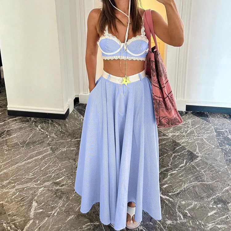 Frühlings-Spitzen-Spleißen-Träger-Top Sexy Damen Kleidung Hoher Bund Großer Schwingrock Zweiteiliges Set