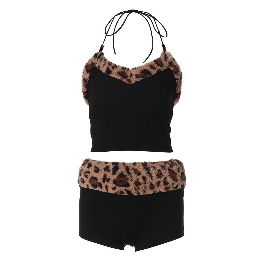 Women Clothing Summer Leopard Splicing Lace up Vest Slim Shorts Casual Set