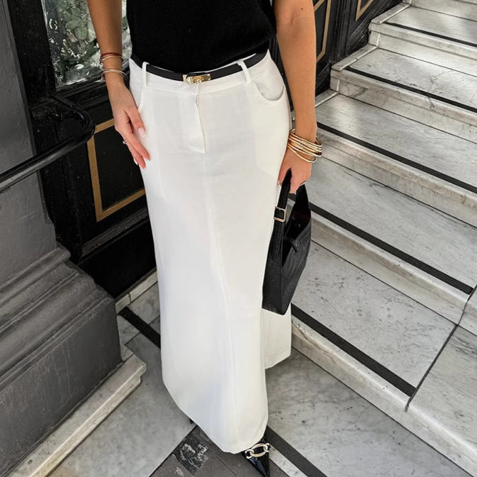 Frühling Sommer Weiß Eleganter Gerader Freizeitrock All Match Maxikleid Damen
