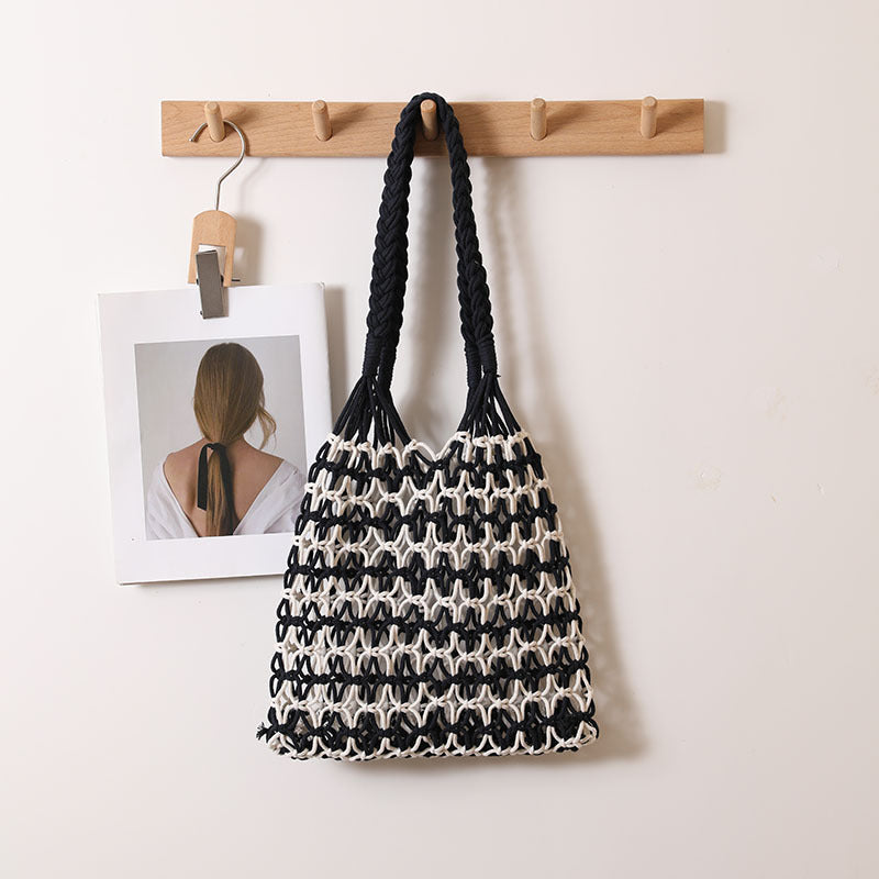 Sommer Strohgewebte Tasche mit Schnürmuster, geeignet für Damen, Strandurlaub, Strandtasche