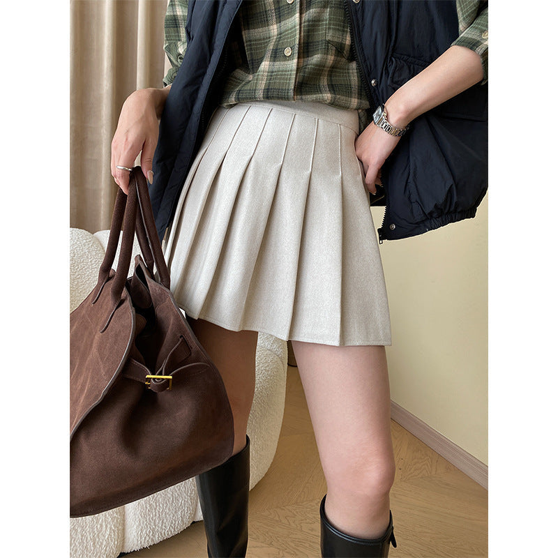 Herbst Winter Modisches Item Wollrock Dick Büro Hohe Taille A-Linien-Rock Faltenrock