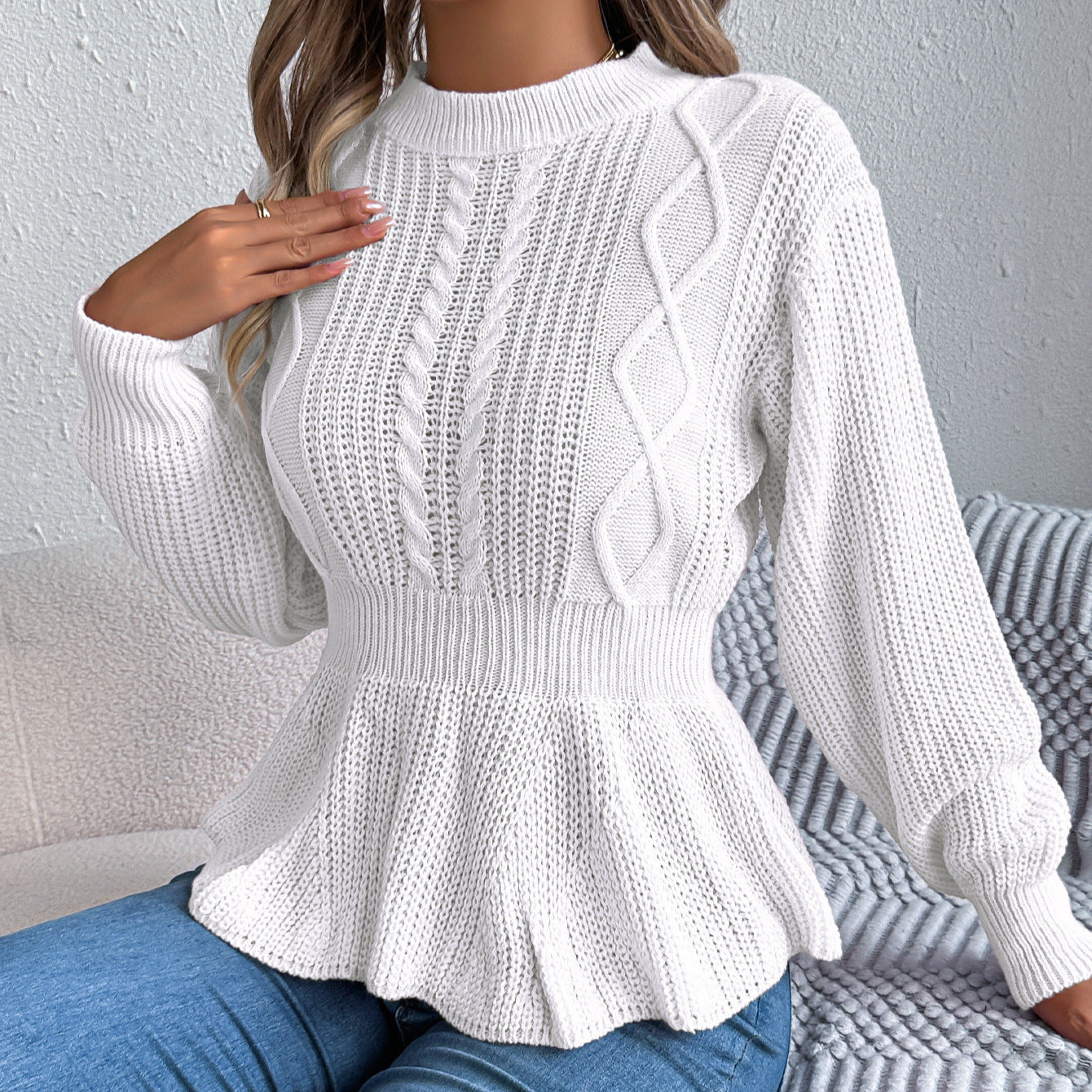 Herbst Winter Einfarbig Twist-Taille Figurbetonend Rüschen Langarm Pullover Damenbekleidung