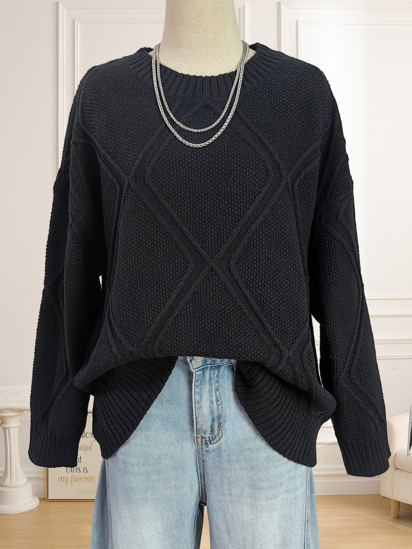 Top-Plattform Damenbekleidung Diamant-Karomuster Jacquard Locker Sitzender Lässiger Pullover