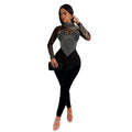 Einfarbiger Mesh-Strass-Overall mit langen Ärmeln und Hose