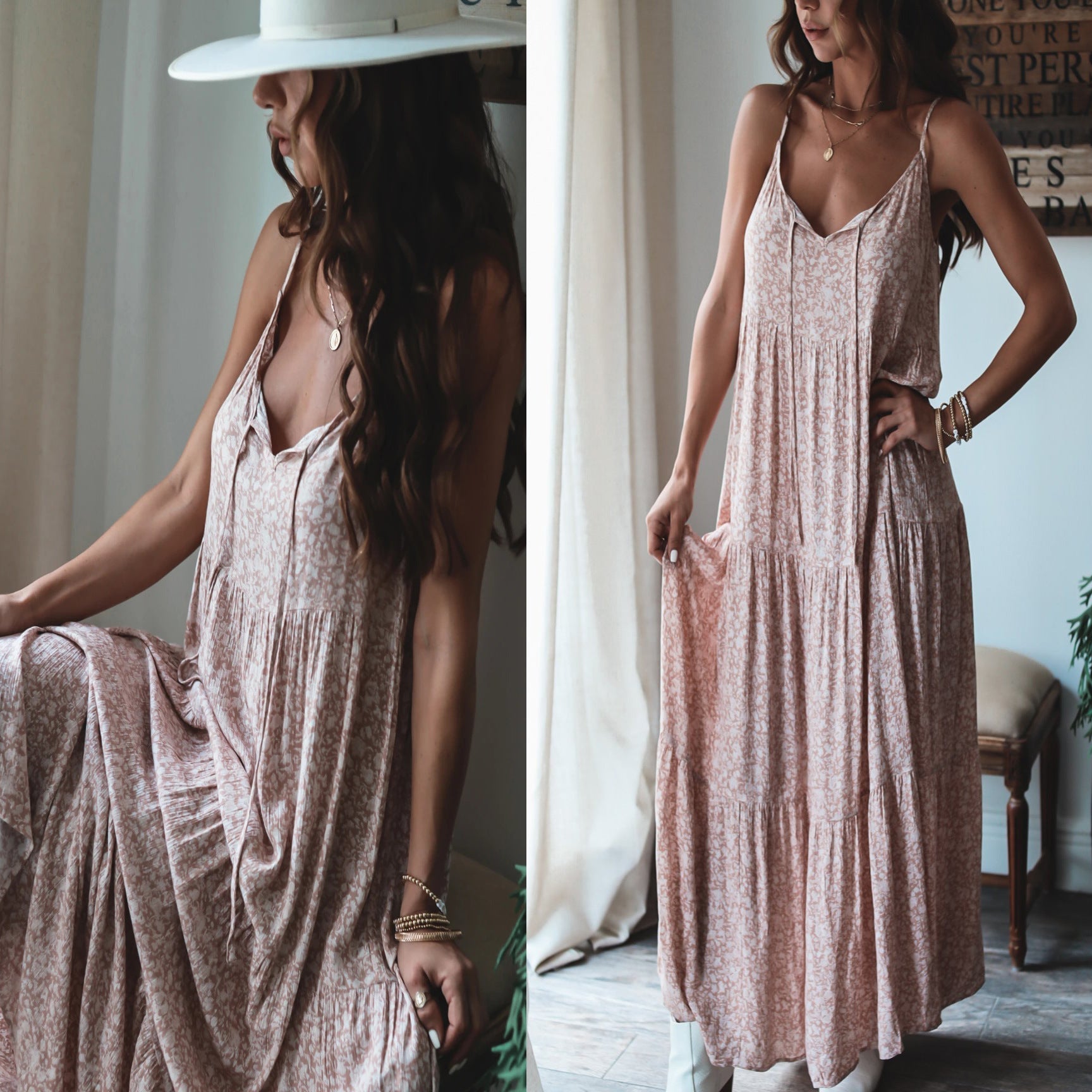 Strap Layered Lace up Maxi Dress Loose Floral Dress Women