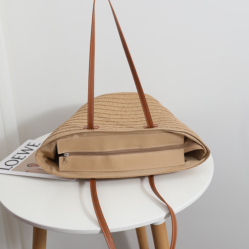 Einfache Schulter-Strohtasche Große Kapazität Korbtasche Gewebte Tasche Strandtasche Damen Urlaub Strand