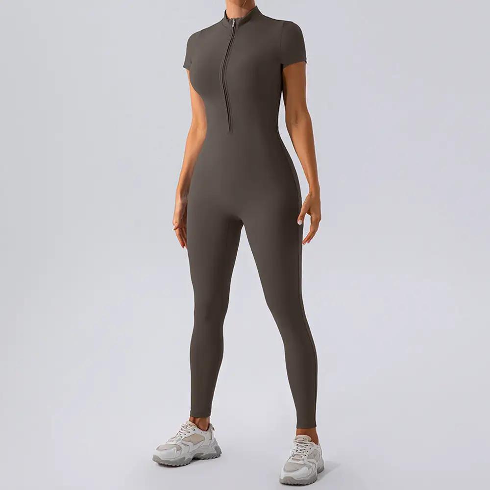Zipper Short Sleeve Nude Feel Yoga Jumpsuit Women Outer Wear Workout Exercise Pants One Piece Tights by Wanita Store