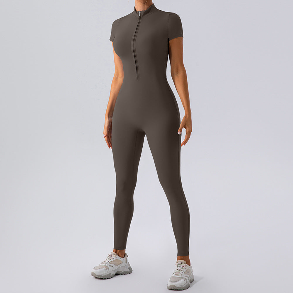 Reißverschluss Kurzarm Nude Feel Yoga Jumpsuit Damen Outer Wear Workout Übungs Leggings Einteiler Strumpfhose