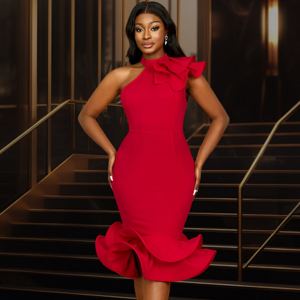 Elegantes Half Turtleneck Volantkleid schulterfrei mit Rüschensaum Cocktail Abendkleid
