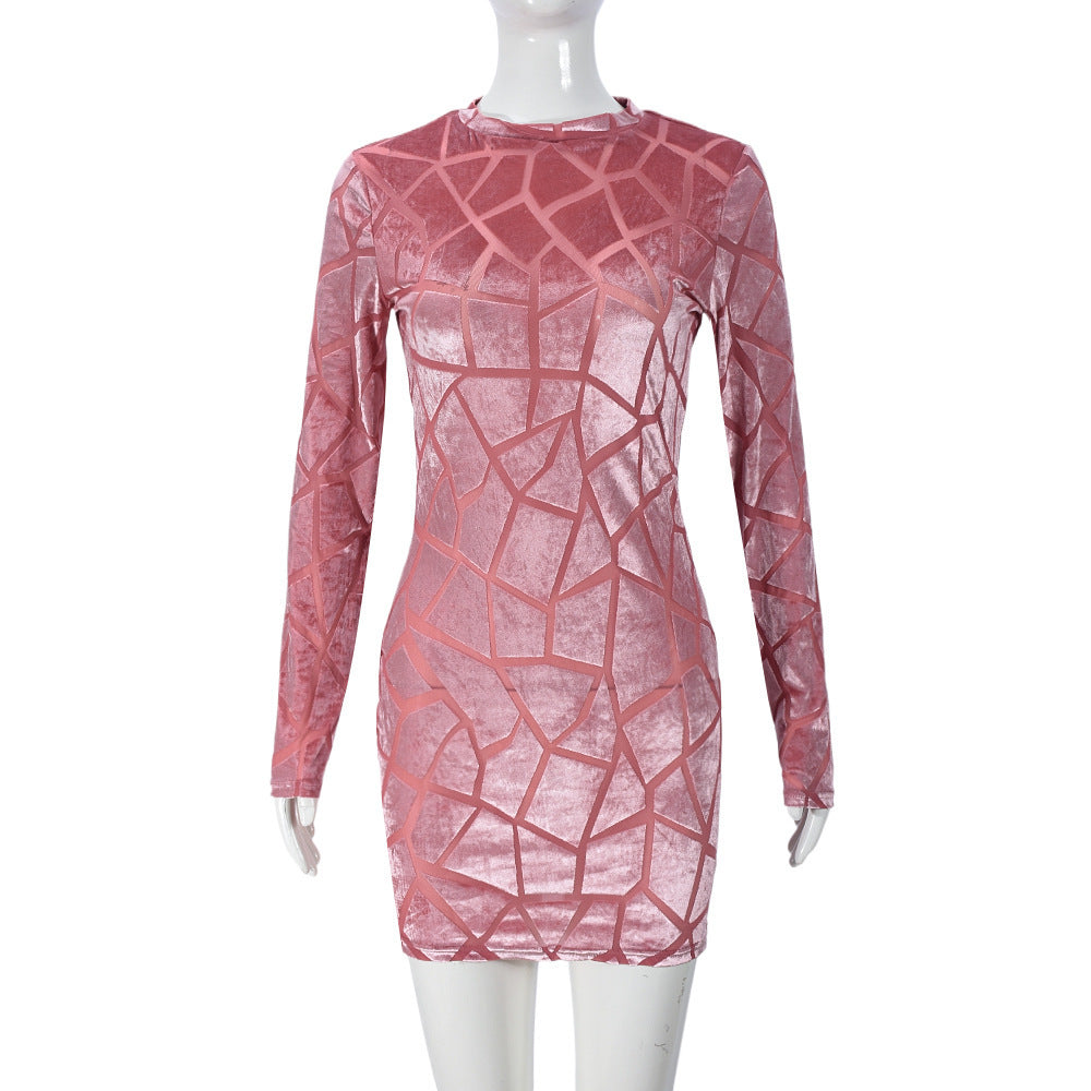 Damen-Hüftkleid, Rundhals, Langarm, Beflockt, Sexy, Kurzes Hüftkleid