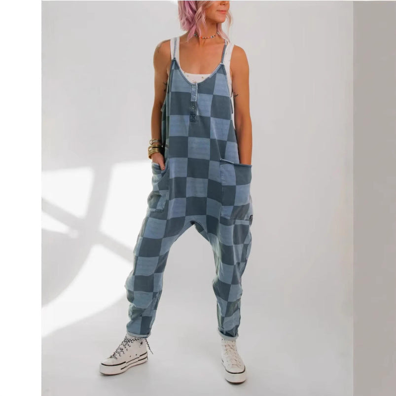 Damenbekleidung Overall bedruckte Karos Freizeit mit großen Taschen rückenfrei locker