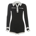 Women Clothing Autumn Cool Contrast Color Collared Button Slim High Waist Long Sleeves Jumpsuit
