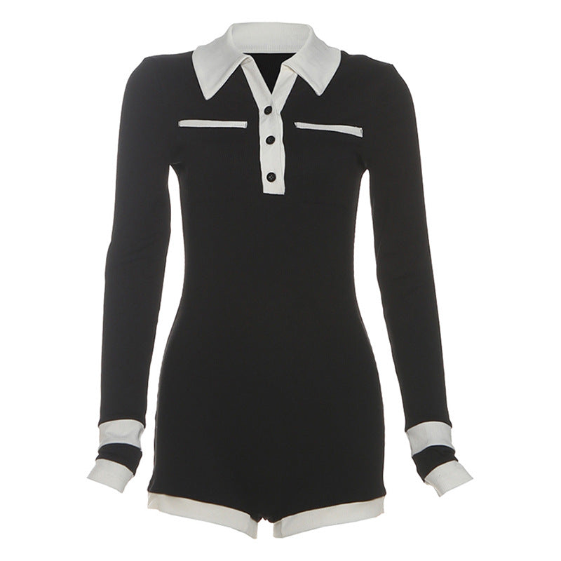 Women Clothing Autumn Cool Contrast Color Collared Button Slim High Waist Long Sleeves Jumpsuit