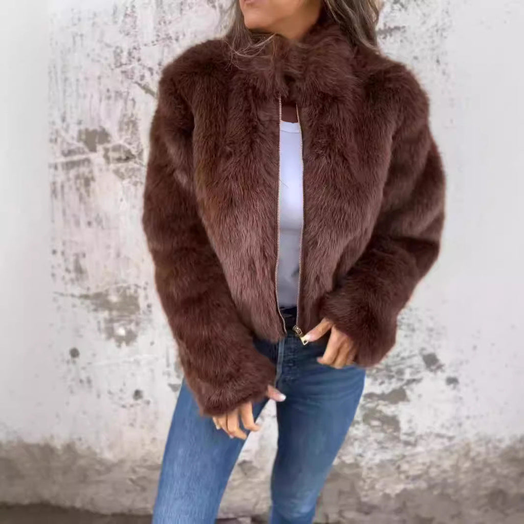 Damenbekleidung Damen Herbst Winter Kunstfell Rollkragen Reißverschluss Freizeit Mantel