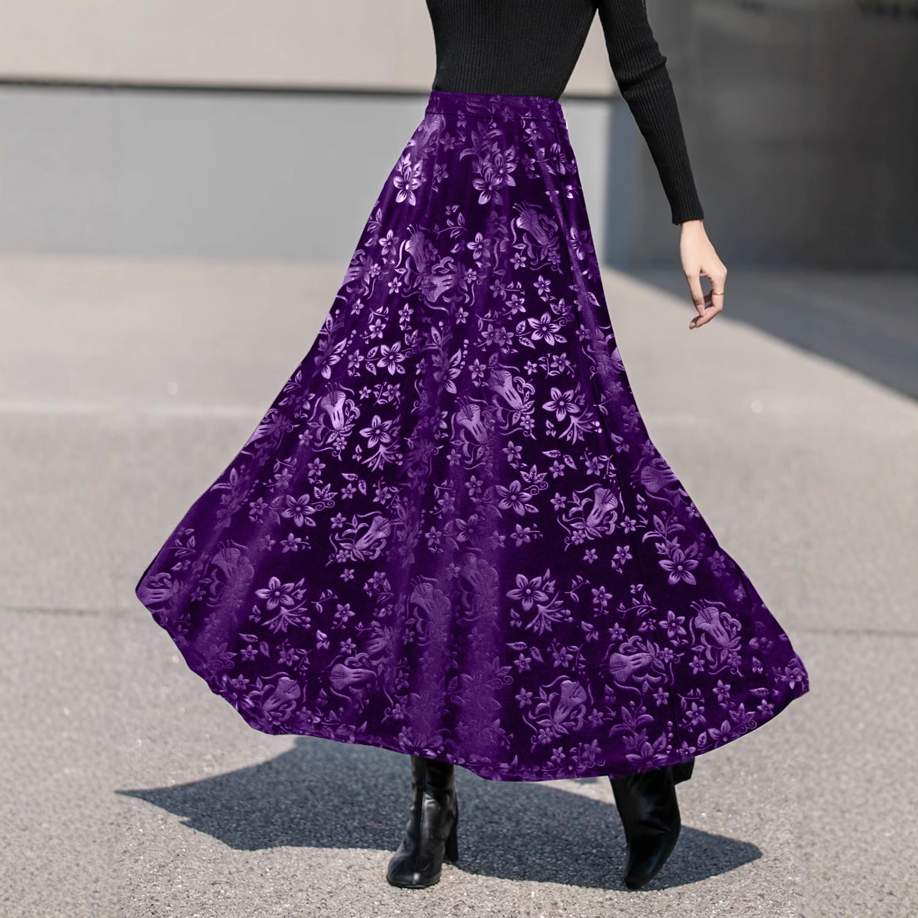 Herbst Winter Elegant Hochwertiger Großer Schwingrock Bedruckter Samtrock Damenbekleidung
