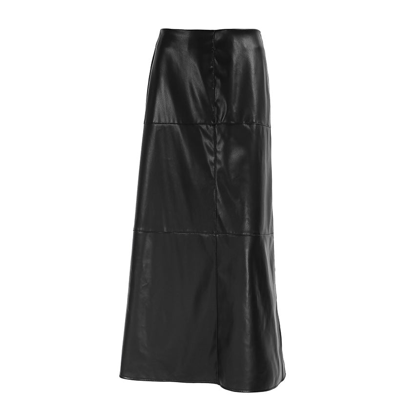 Retro Minimalistischer Hochtaillierter A-Linien Lederrock mit Fleecefutter, Rock aus Kunstleder mit Schlitz, Herbst Winter Maxi Damen