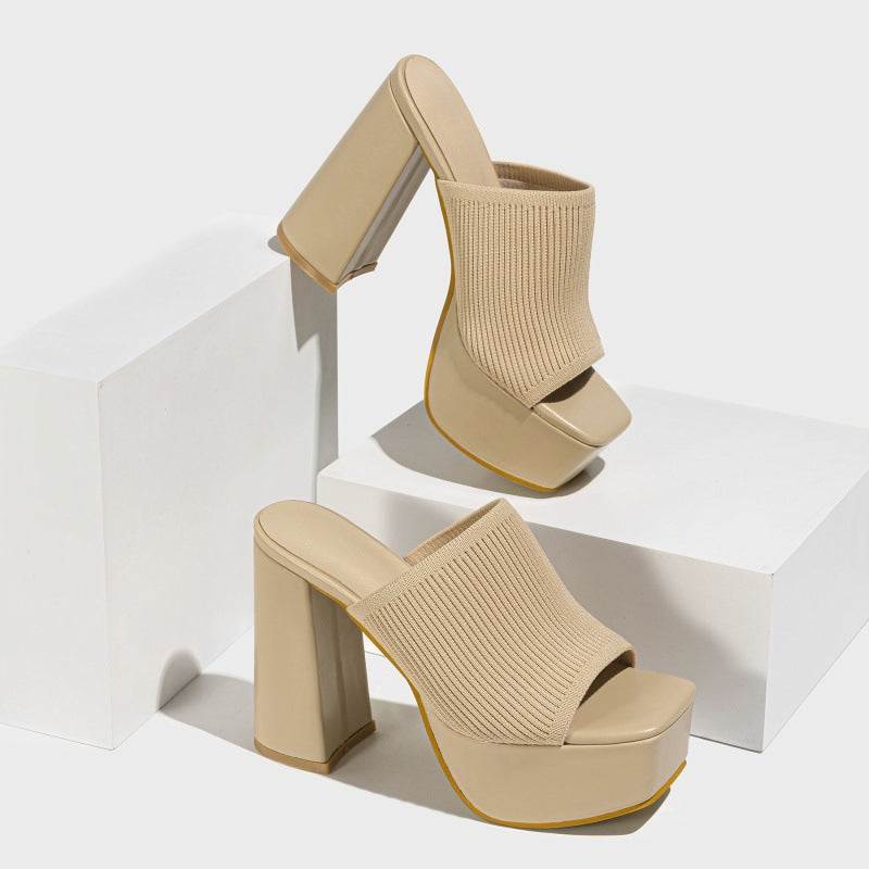 Sommer Damen Gestrickte Modische Chunky Heel Wasserdichte Plattform Outdoor Street Laufstegschau Peep Toe Pantoletten
