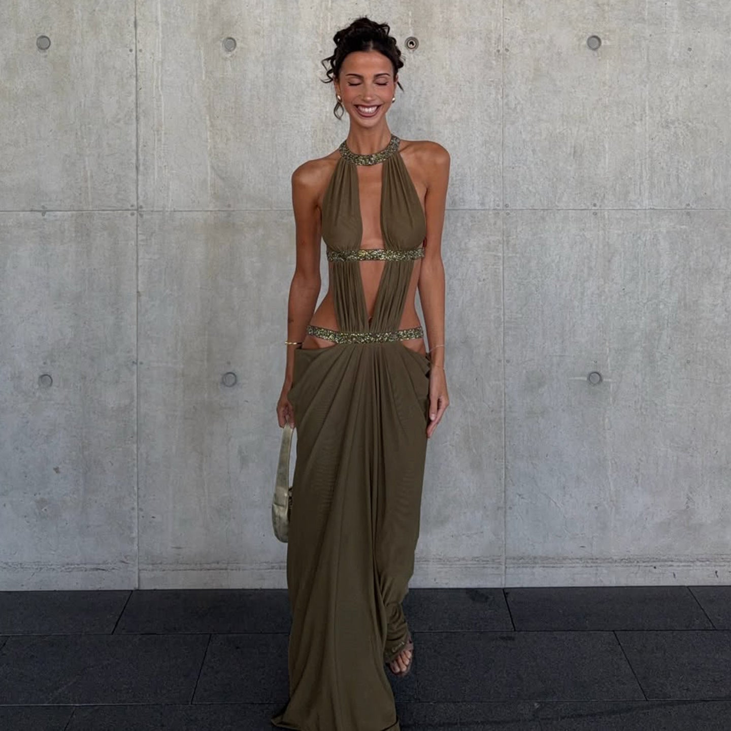 Solid Color Stitching Hollow Out Cutout Backless Sequ Dress Net Women Yarn Vacation Maxi Dress