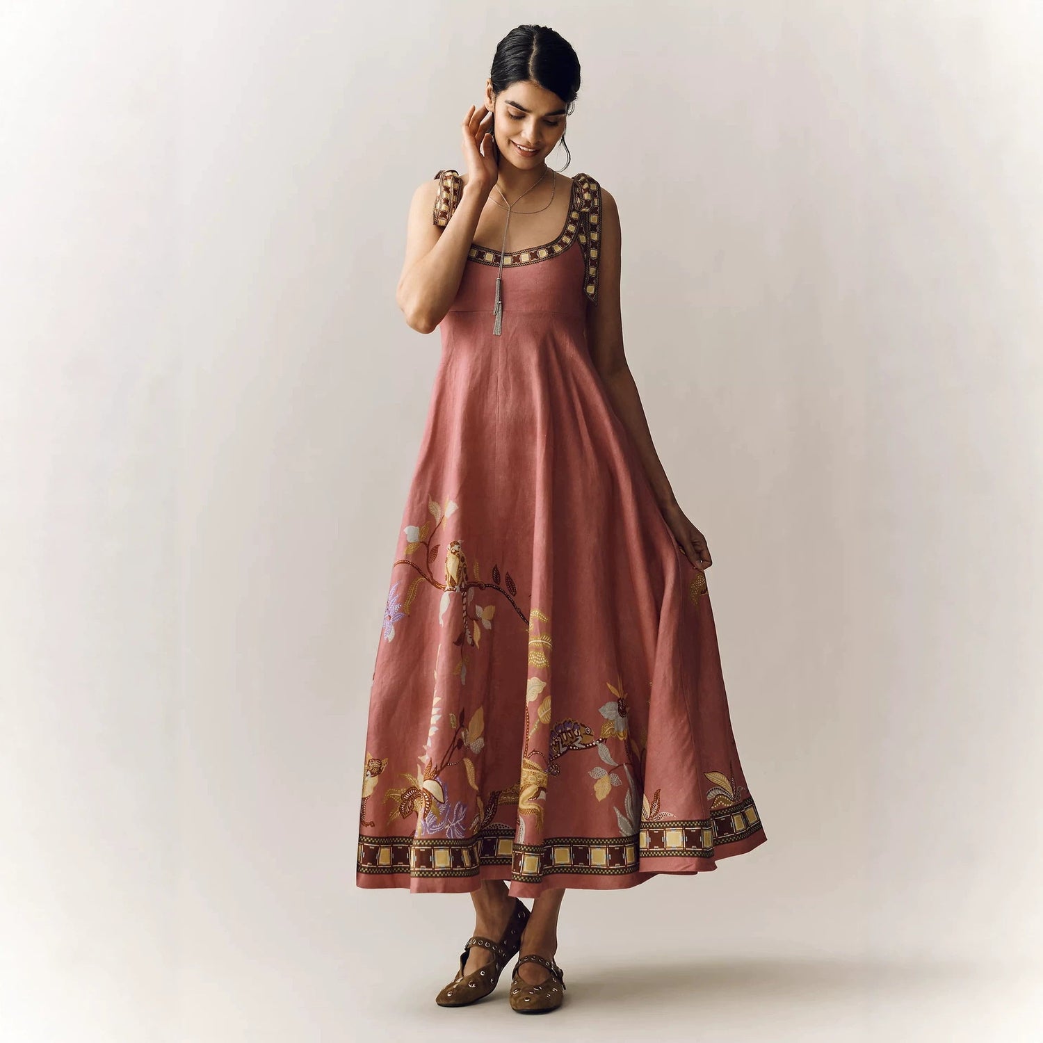 Positioning Printing Zipper Lace up Dress Pleated Pocket Dress