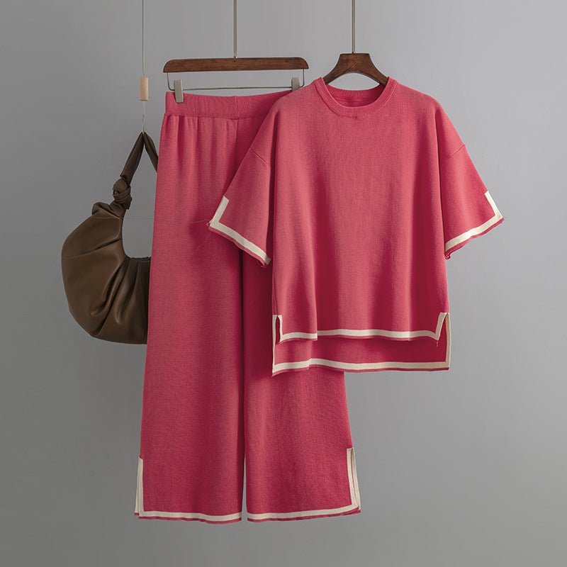 Outfit Elegant Kontrastfarbe Split Kurzarm-Pullover Hohe Taille Schlankmachende Weite Hose Hosen Zweiteiliger Set