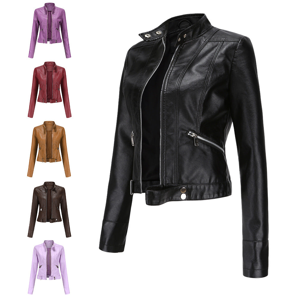Neue Lederjacke Damen Kurz Jacke Frühling Herbst Stehkragen Lady Lederjacke Damen Bekleidung Dünne Lederjacke