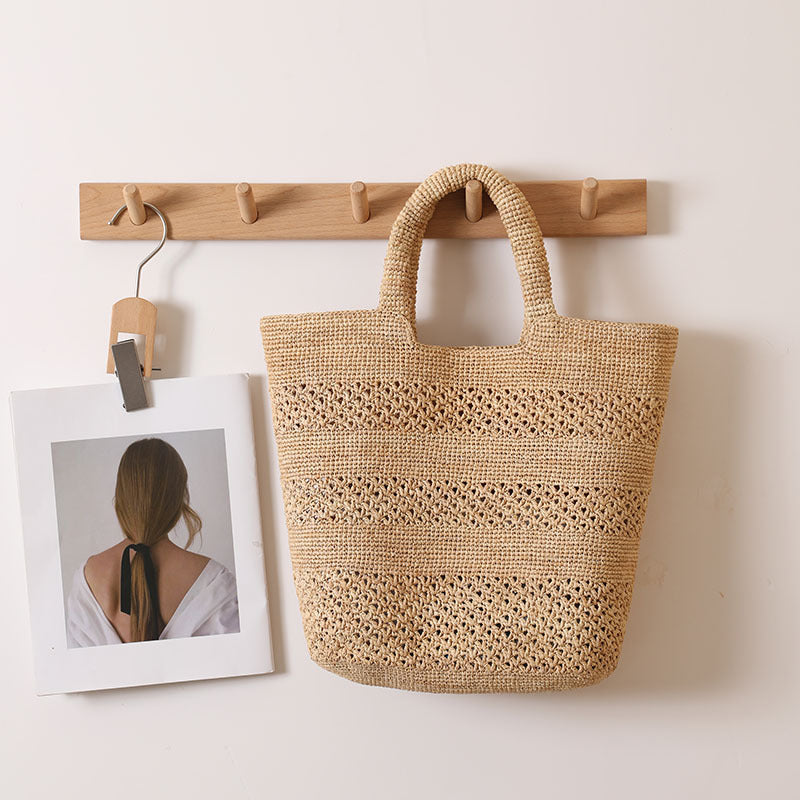 Raffia Tragbare Strohtasche Handtasche Große Kapazität Ausgehöhlte Gewebte Tasche Strandurlaub Strandtasche