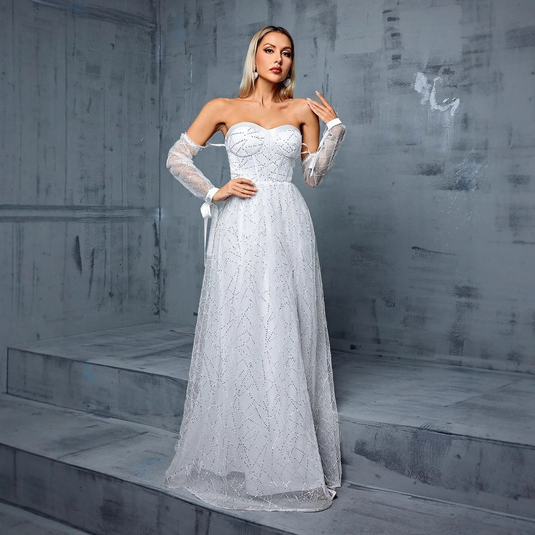 Off-Shoulder Tube-Top Abendkleid Rückenloses Schlitzkleid Studiofotografie Reisefotografie Leichtes Hochzeitskleid Jahrestagskleid
