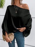 Women Clothing Winter off the Shoulder Satin Shirt Loose Asymmetry Top