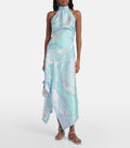 Printed Satin Halter Backless Top Irregular Asymmetric Skirt Two Piece Sets