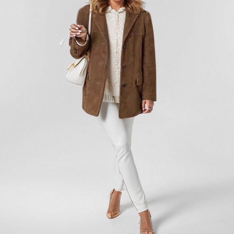 Herbst Damenbekleidung Eleganz Retro Braun Loose Taschen Langarm Blazer Damen