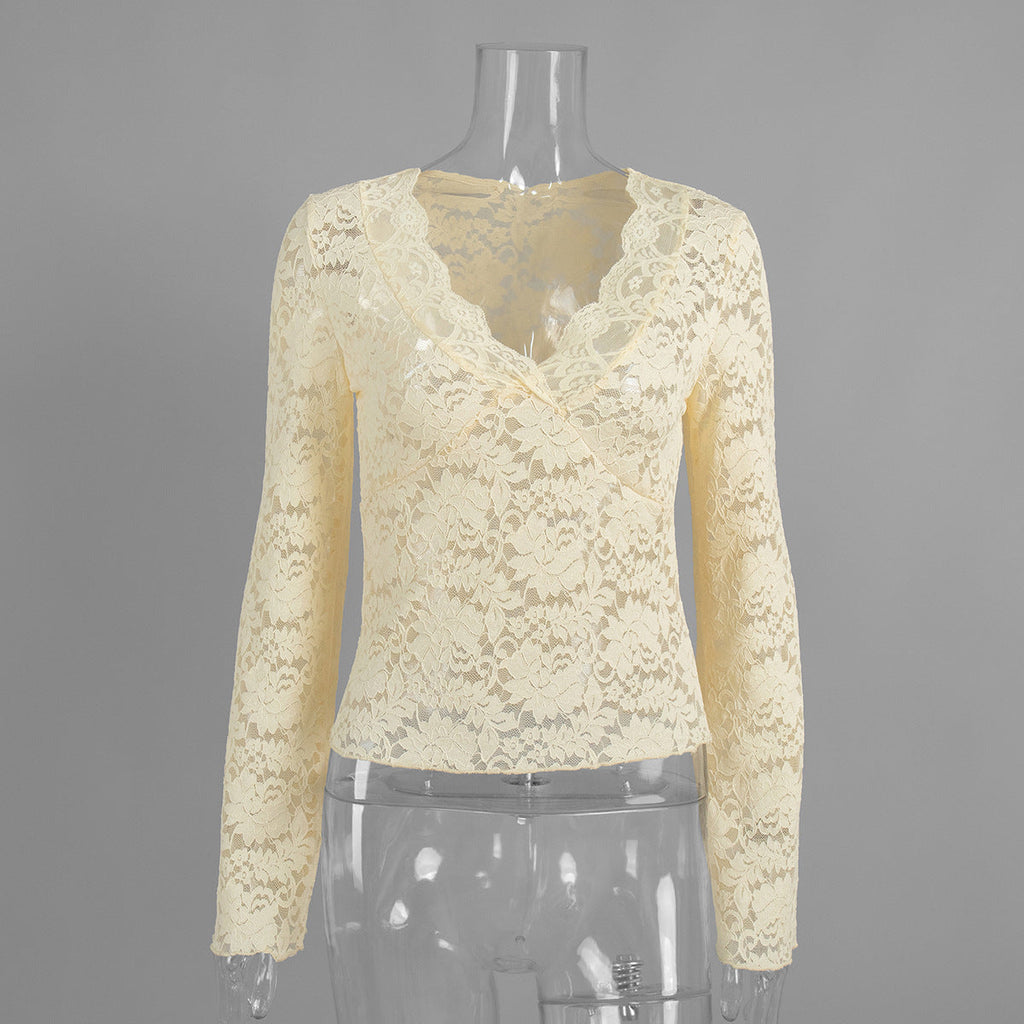 Lace V neck Long Sleeve Shirt Autumn Sexy Hollow Out Cutout Bottoming Shirt Lace Shirt Women Shirt