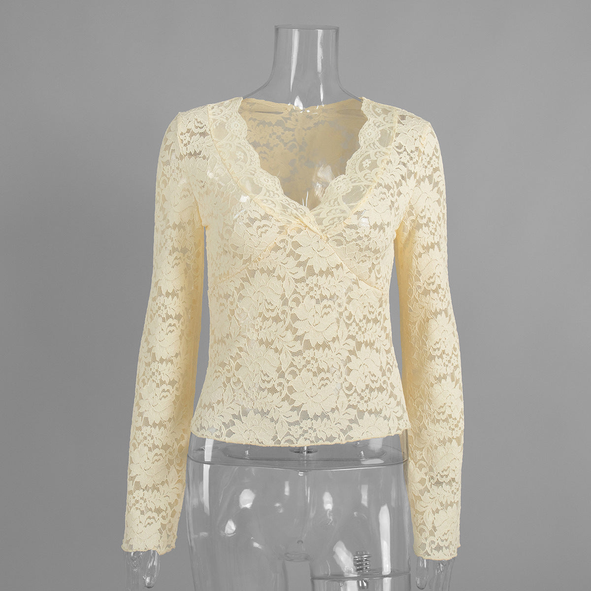 Lace V neck Long Sleeve Shirt Autumn Sexy Hollow Out Cutout Bottoming Shirt Lace Shirt Women Shirt